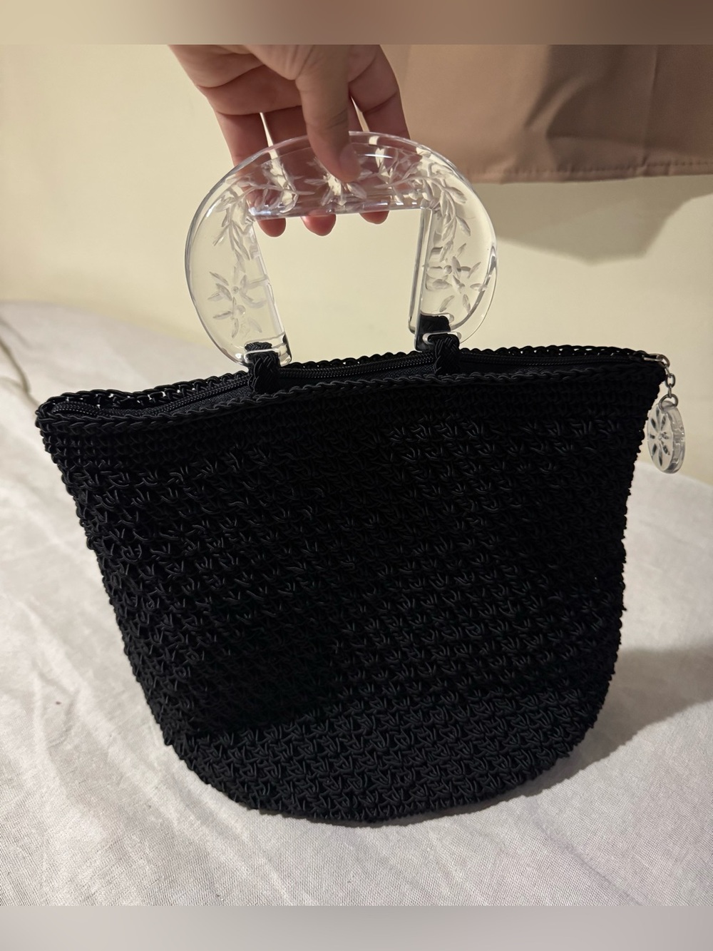Vintage Crochet Works Black Handbag Clear Floral Handle Purse